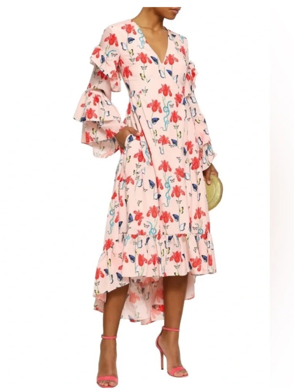 Borgo De Nor 14 Floral Pink Midi Dress with Red Blossom Print
